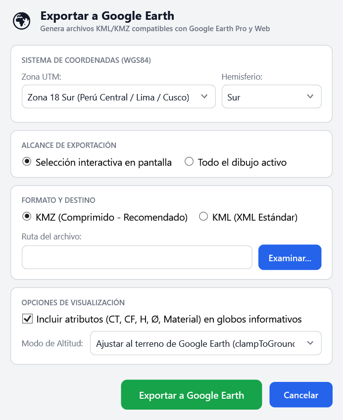 Ventana Exportar a Google Earth de SanitaryGis: zona UTM y hemisferio, alcance, formato KMZ o KML, globos de información y modo de altitud