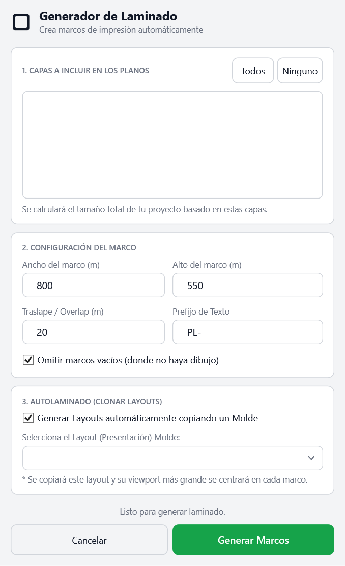 Ventana Generador de Laminado de SanitaryGis: capas a incluir, ancho y alto del marco, traslape, prefijo y layout molde