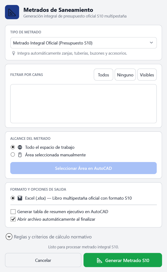 Ventana Metrados de Saneamiento de SanitaryGis en AutoCAD: tipo de metrado, filtro por capas, alcance y opciones de salida