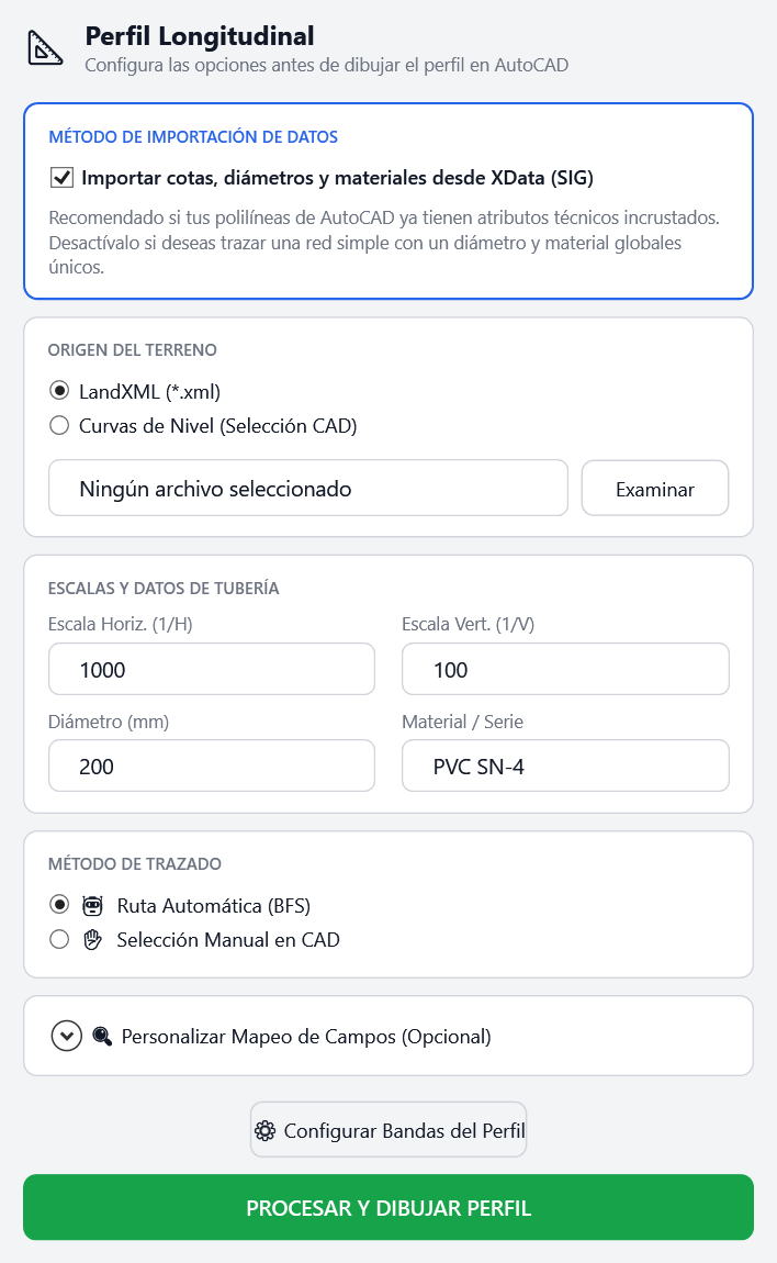 Ventana Perfil Longitudinal de SanitaryGis en AutoCAD: método de importación de datos, origen del terreno, escalas, método de trazado y bandas del perfil