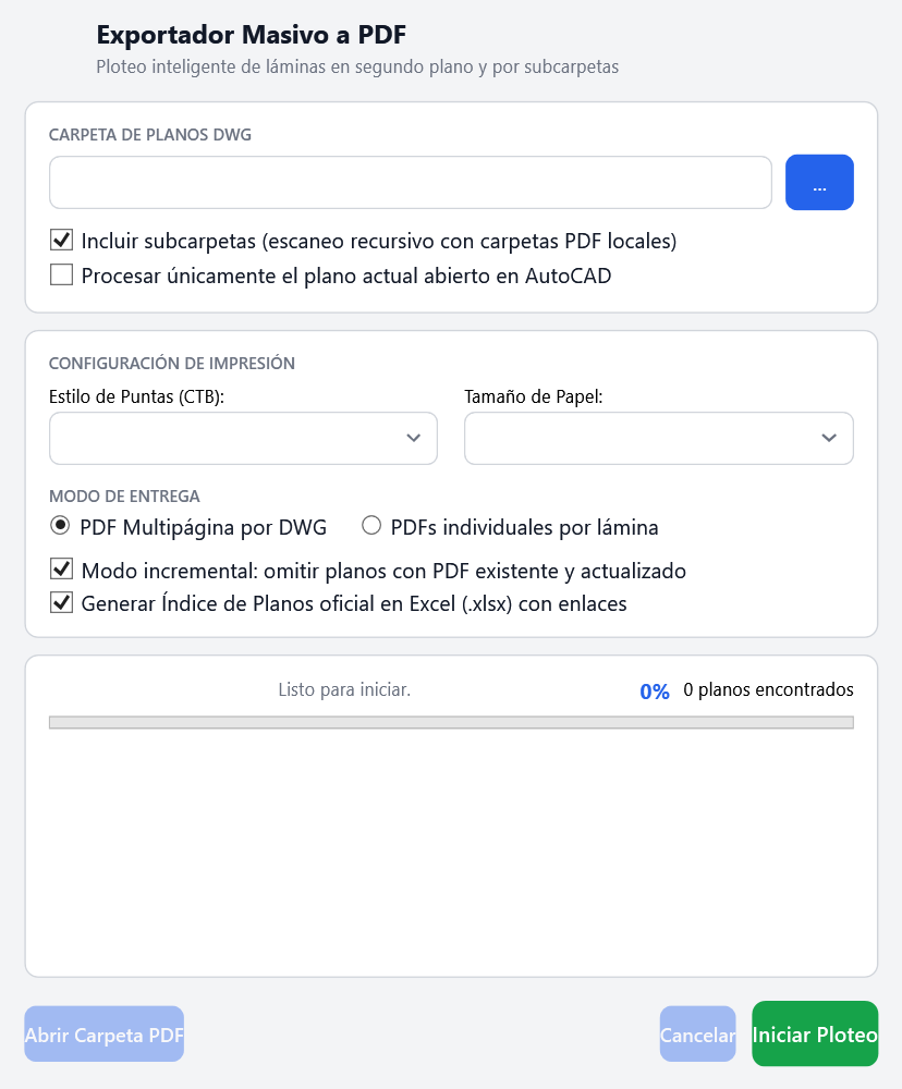 Ventana Exportador Masivo a PDF de SanitaryGis: carpeta de planos DWG, estilo de plumillas CTB, tamaño de papel, modo de entrega, modo incremental e índice de planos en Excel